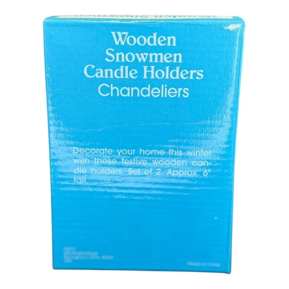 Vintage Wooden Snowmen Candle Holders w Box Christmas Decor